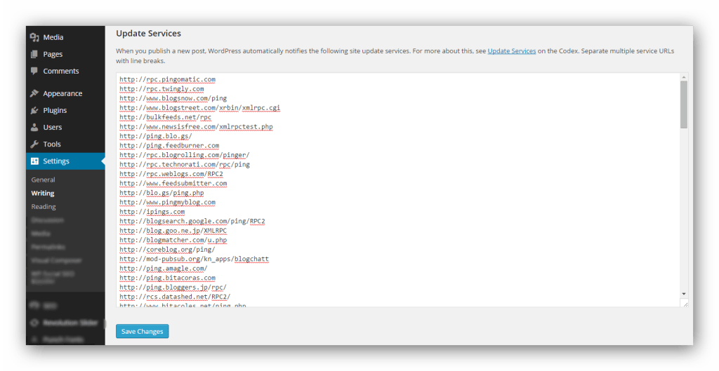 WordPress Ping List Update Services in Writings section